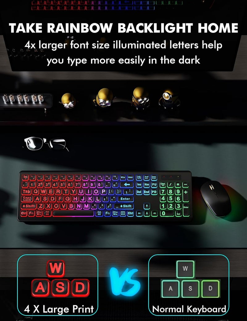 Trueque Wireless Keyboard and Mouse Combo, RGB Backlit, Rechargeable & Light Up Letters, Full-Size, Soft Typing, Sleep Mode, 2.4GHz Quiet Keyboard Set for Mac, Windows, Laptop, PC, (Matte Black) - Image 2